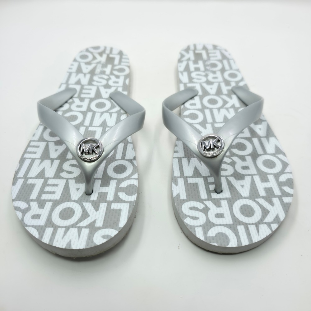 Michael Kors Silver Logo Flip Flops Womens Size 10 Sandals